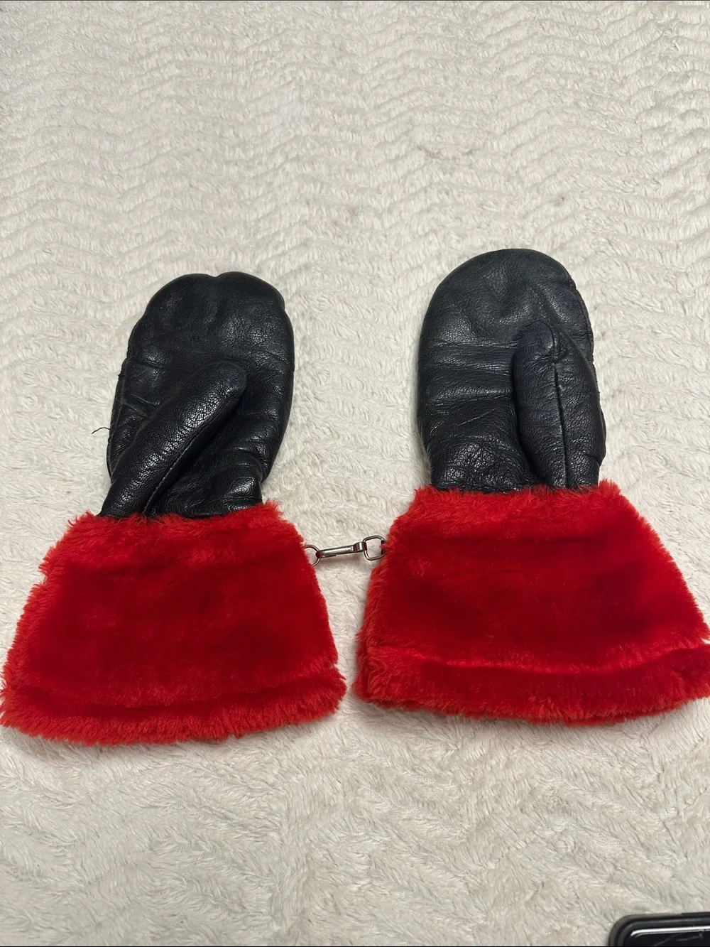 Red Faux-Fur Cuff Black Leather Mittens - Super Cute,  Warm and durable , Medium